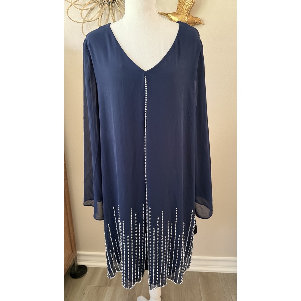 MSK XL Navy Rhinestone Chiffon Tunic Top Long Sleeve V Neck NWT Flaw $119